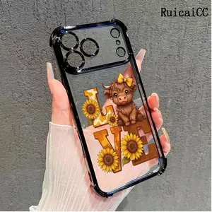 Cute Baby Highland Cow Sunflower Love Pattern TPU Phone Case for iPhone 17 Air 16Pro Max 15 14Plus 13 12 11 Shockproof Anti-Drop Durable Aesthetic Cover Lightweight Protective Casing Protection Cellphone