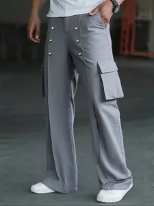 Men's Casual Wide Leg Pants, Fake Button Multi-Pocket Design, Fashion Versatile for Spring & Fall, New Addition to Wardrobe