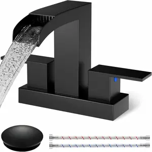 Waterfall Bathroom Faucets 3 Hole, Matte Black Bathroom Sink Faucet Square 4 Inch Centerset with Pop-Up Drain, 2 Handle and 2 Supply Hoses, Lead-Free Stainless Steel for Vanity Sink