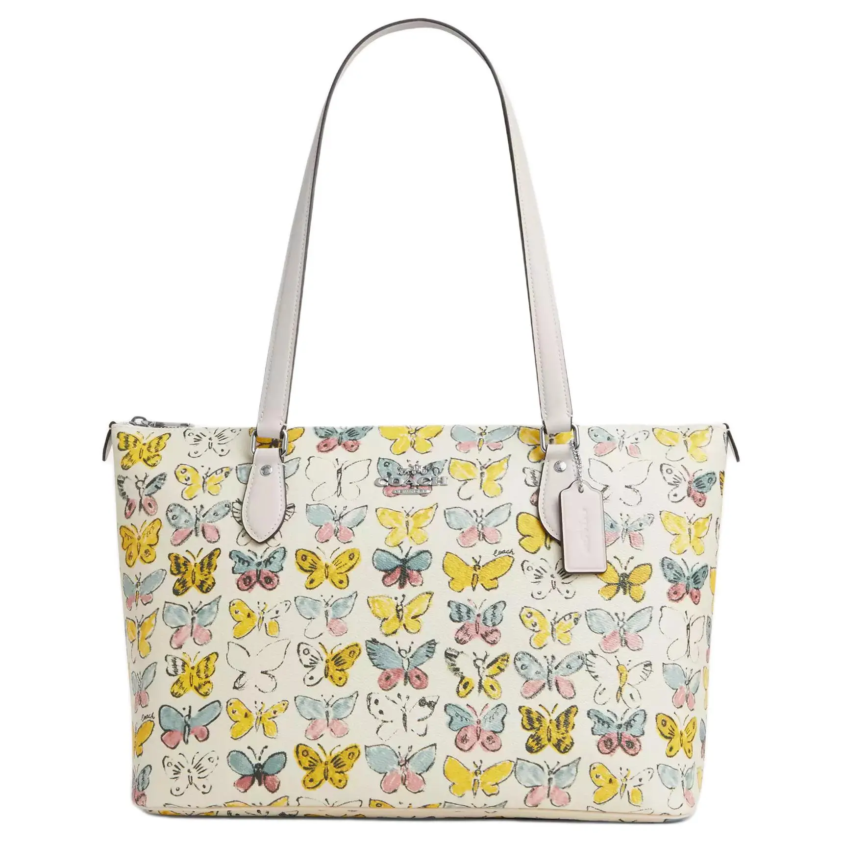Coach Gallery 36 Butterfly Print Coated Canvas Tote Bag for Women in Silver and Chalk Lightweight Tote Bag Minimalist Tote Bag