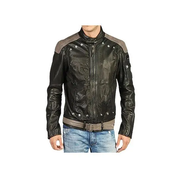Men's Front Removable Biker Leather Jacket - 100% Real Leather with Adjustable Belted Waist
