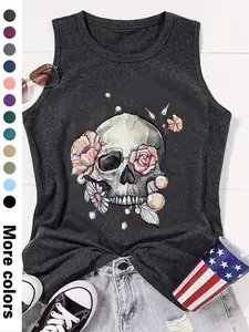 Women's Halloween Floral & Skull Print Round Neck Tank Top, Casual Sleeveless Crew Neck Top for Summer, Ladies Clothes for Daily Wear