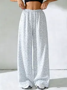 Women's Leopard Print Loose Long Pants, Casual Fashion, Drawstring Waist, All Seasons, Wide Leg, Perfect for Spring Summer Fall, Casual Lounge Pants