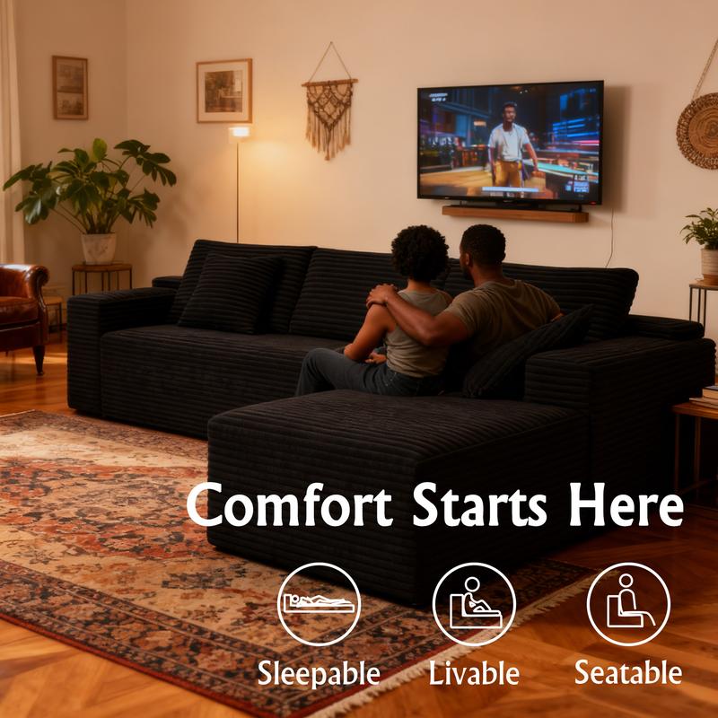 104" sofa living room Black Plush Corduroy Cloud VelvetModular Couches with Chaise, NoAssembly Required -L-ShapedSectional Sofa Set with FlexibleConfiguration boneless sectional furniture