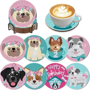 Colorful 8-Piece Dog Diamond Art Coasters Set with Holder, DIY 5D Diamond Painting Cup Mats for Dog Lovers, Handmade Home Decor Craft Gift (Toys & Hobbies, DIY Needlework)