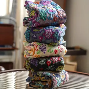 5 Pairs Boho Chic Knee-Length Socks, Women'S Polyester Knit Fabric with Elastane, Ethnic Style Mid Tube Stockings, Hand Washable - Plant Pattern
