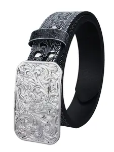 Western Floral Carved Belt, Cowboy Style Silver Color Metal Buckle, Paisley Pattern Leather Belt, Unisex, Casual Jeans & Western Wear