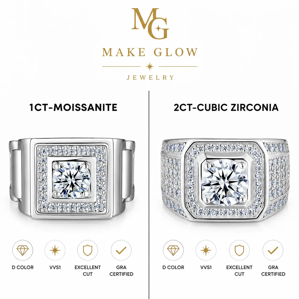 1CT Moissanite Rings&2CT CZ Rings for Men 18K White Gold Plated Men's Ring Lab-Created Anniversary Birthday Fathers Day Gift for Dad Him #Summervibes tiktokshopbacktoschool engagement marquise bear necklace
