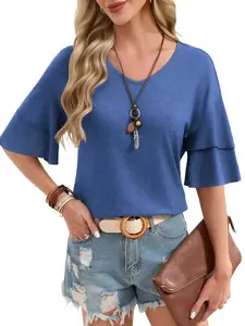 Women's Short Sleeve Tops Summer V-Neck Blouses Spring Ruffle Sleeve Tunic Casual T Shirts Bell Sleeve Cute Tee 2026