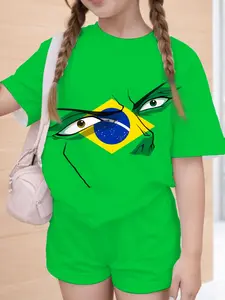 Girls' Fashion Sportswear Set Short Sleeve Shorts Two-Piece Kit, Brazil Girls Football Equipment Set, Loose Fit Printed Pattern