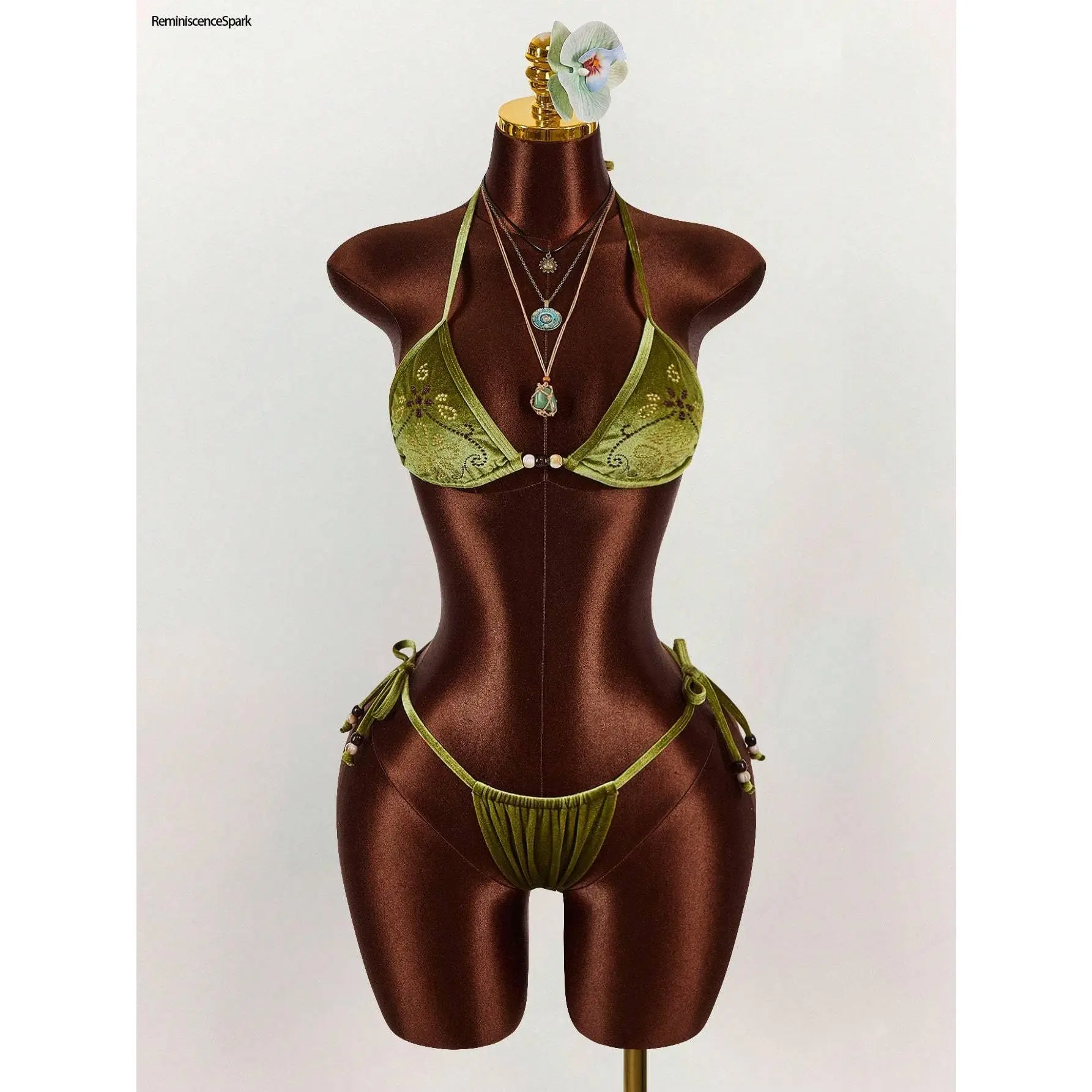2pcs Women's Beaded Embroidered Triangle Cup Crop Top | Bohemian Style Backless Design | Green Sexy Avant-Garde Summer Top | Trendy Boho Fashion Piece Perfect for Beach Vacations, Resort Outfits, Daily Casual Wear & Party Street Style Looks