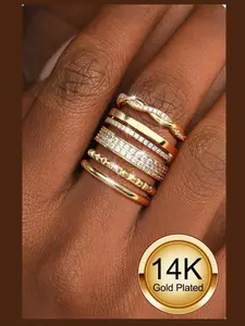 Non Tarnish Gold Silver Fashion Stackable Rings for Women - 14K Gold Plated Waterproof Stacking Thin Chunky Bands Cubic Zirconia Thumb Ring Set 2-4mm Trendy Statement Promise Engagement Rings Size 5-10