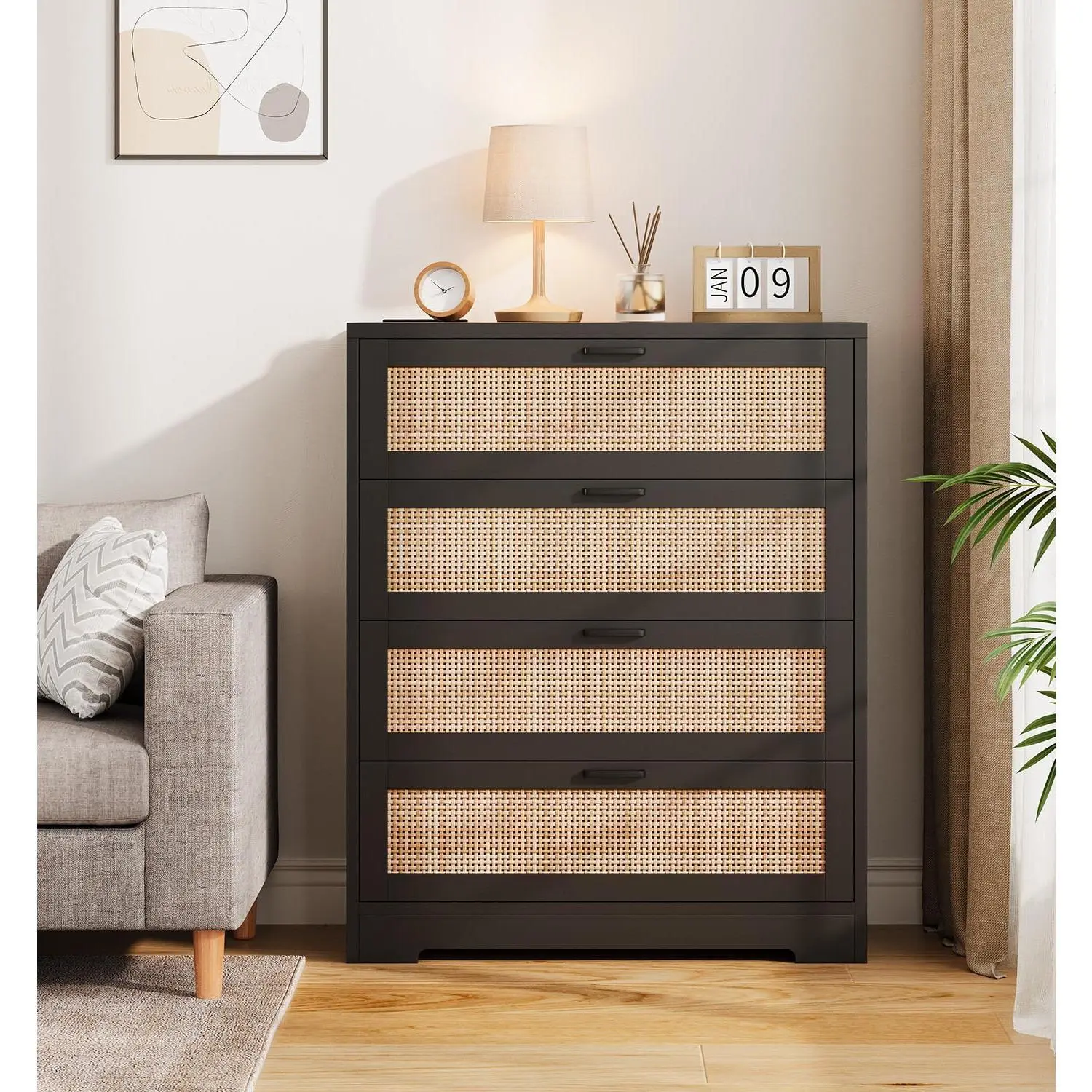 Garvee Sturdy Tall 4-Drawer Wood Rattan Dresser - Solid Base, High Capacity Closet Storage Chest, 15.75"d x 31.49"w x 38.58"h Tall Form Cabinet for Bedroom Linen Closet Organization