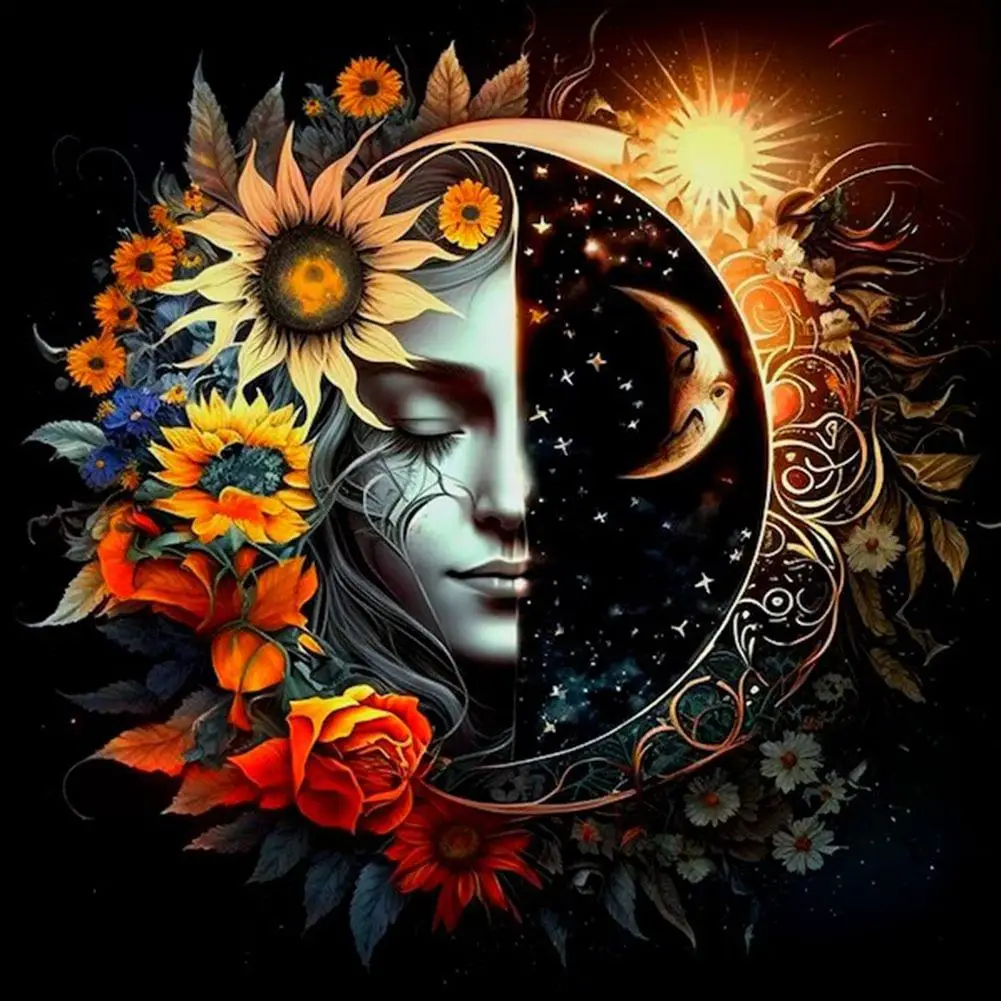 Sunflower ＆Moon ＆ Girl Pattern DIY Diamond Arts Colorful Painting Without Frame, 5D Diamonds Decor Painting Kits For Adults & Kids, DIY Decor Painting