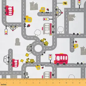 Cartoon City Map Fabric by The Yard,1 Yard,Car Race Track Print Waterproof Outdoor Fabric,White Upholstery Fabric,Car Themed Reupholstery Fabric