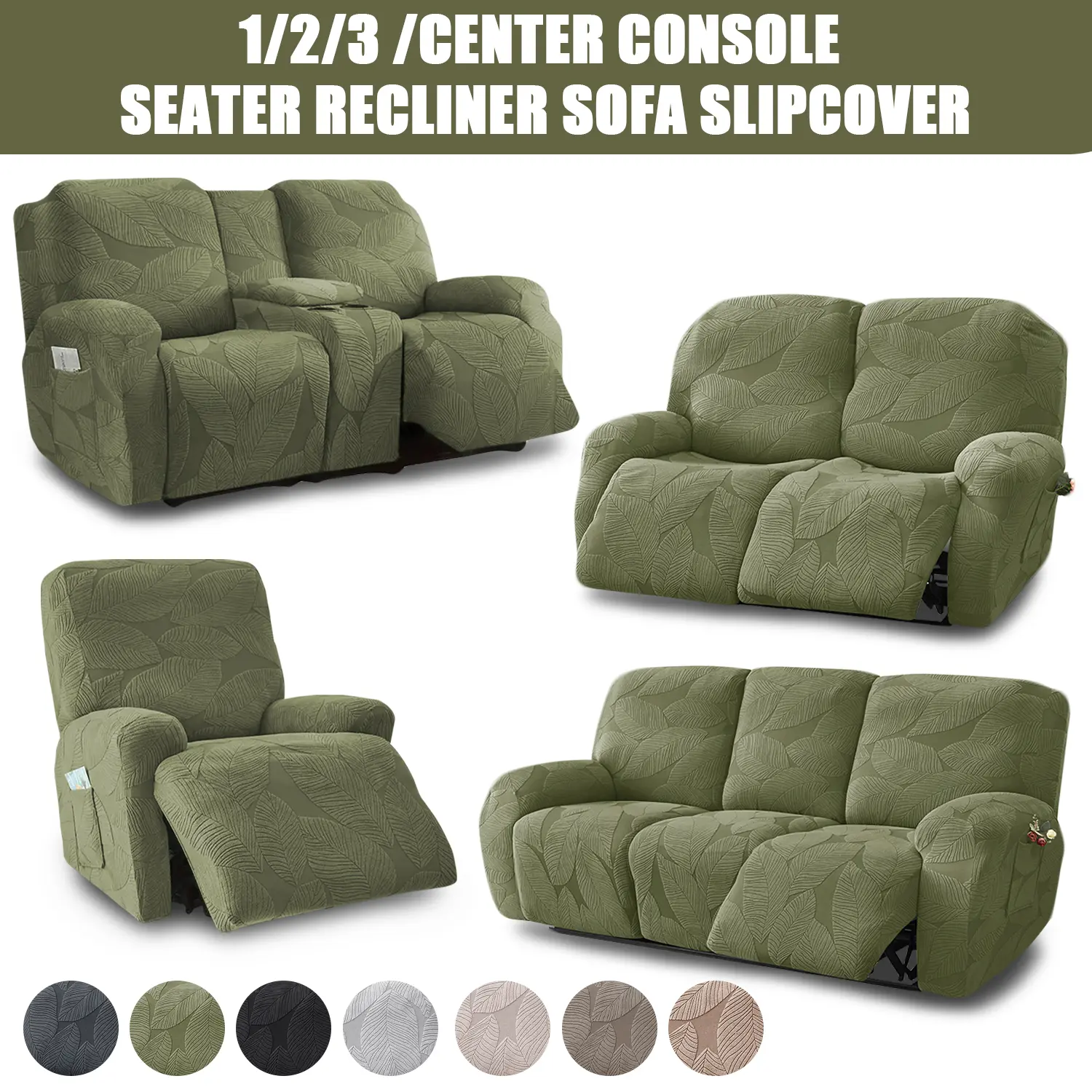 1/2/3 Seater Elastic Recliner Sofa Cover, Solid Color Stretch Armchair Slipcover with Pocket, Pet Friendly Anti-Slip for Office & Home