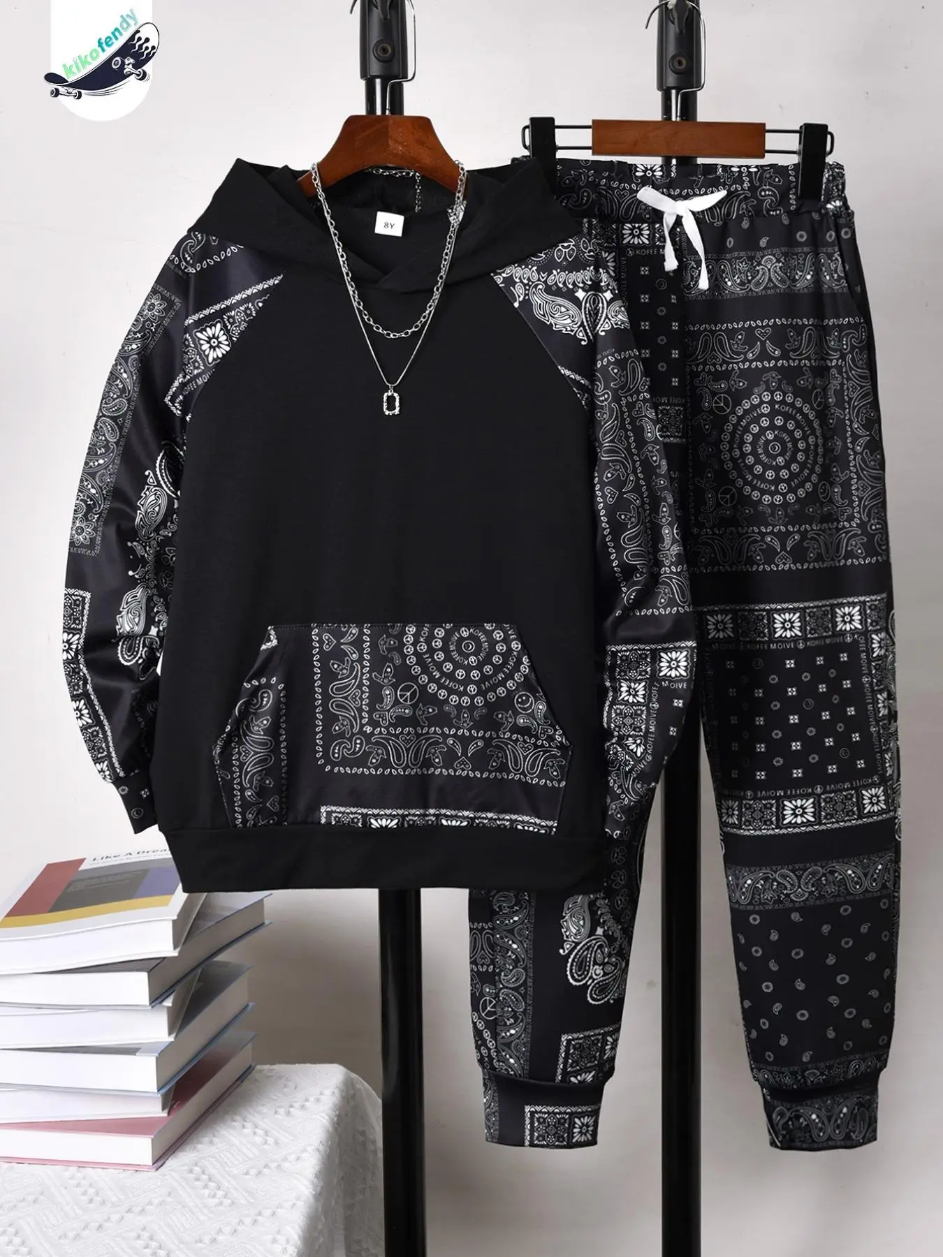 Two-Piece Set Boy's Ethnic Pattern Hoodie & Tie Front Pants, Casual Raglan Sleeve Hooded Sweatshirt & Pocket Trousers for Fall & Winter, Kids Clothes