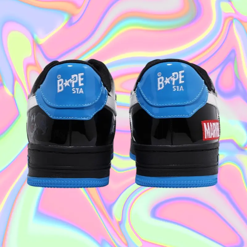 Color‑Block Blue Black Patent Leather Skate Shoes, Star Graphic, Wear‑Resistant Rubber Sole, Retro Casual Unisex Low‑Top Board Sneakers