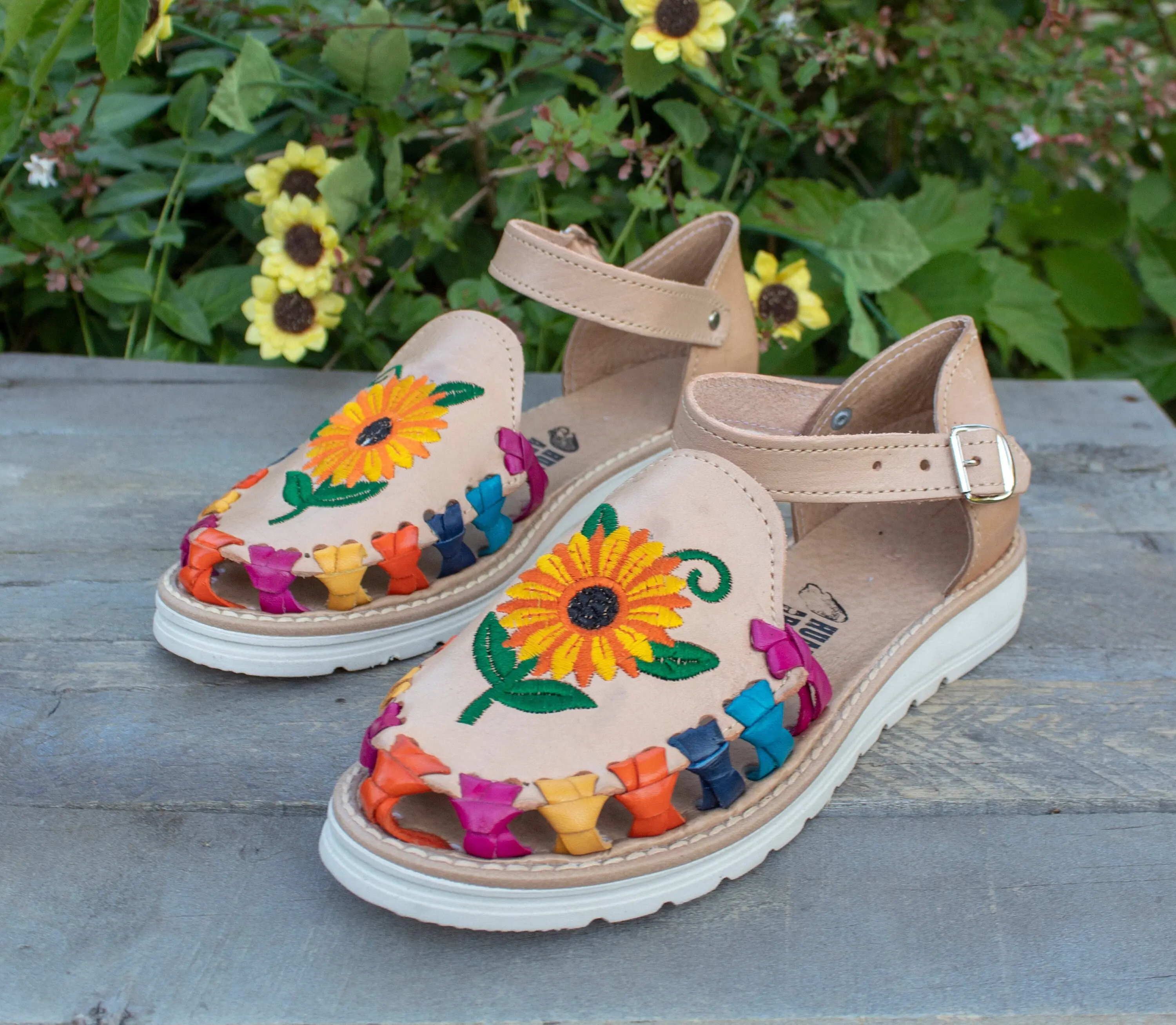 WOMENS MEXICAN SANDALS multi color leather Sunflower embroidered shoe huarache
