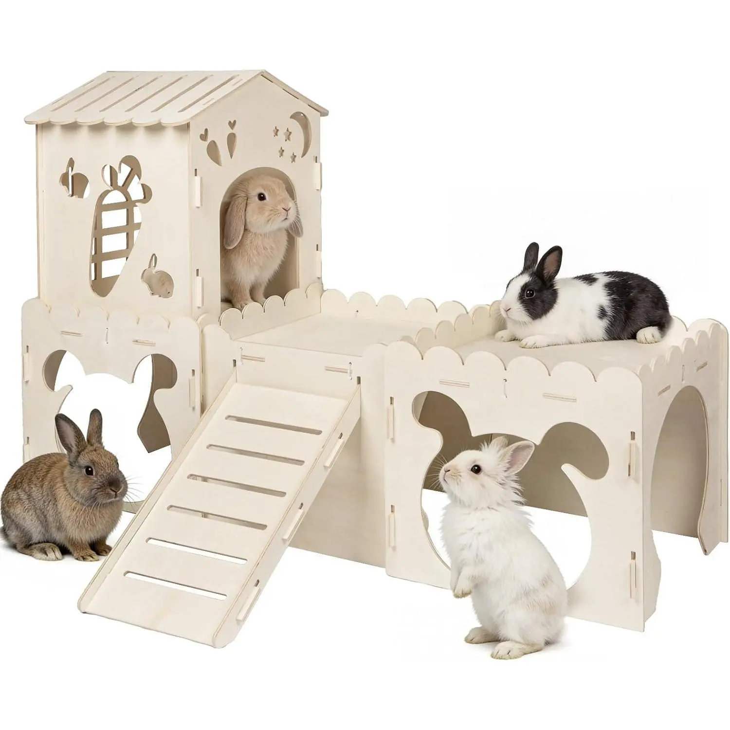 4-House Wooden Rabbit Hutch - Single Unit All-Seasons Indoor Small Animal Habitat, Multistorey Climbing Tower, Sturdy Hide Tunnel for Guinea Pigs
