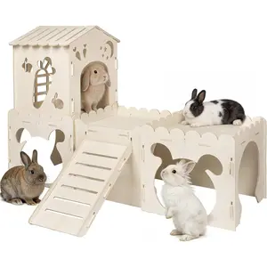 Large Rabbit, Wooden Bunny Castle with 4 Houses Indoor, Rabbit Guinea Pig Cage Multistory Climbing Tower Sturdy Wooden Castle, Small Animal Hideaway Tunnel (4 Houses)
