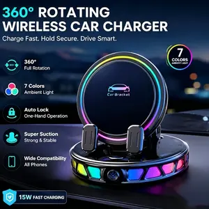 360° Rotating Wireless Charging Car Phone Mount with RGB LED Lights, Auto-Lock Vacuum Suction Holder for Dashboard & Windshield, Touch Control  Car Charger Compatible with iPhone, Samsung & Android
