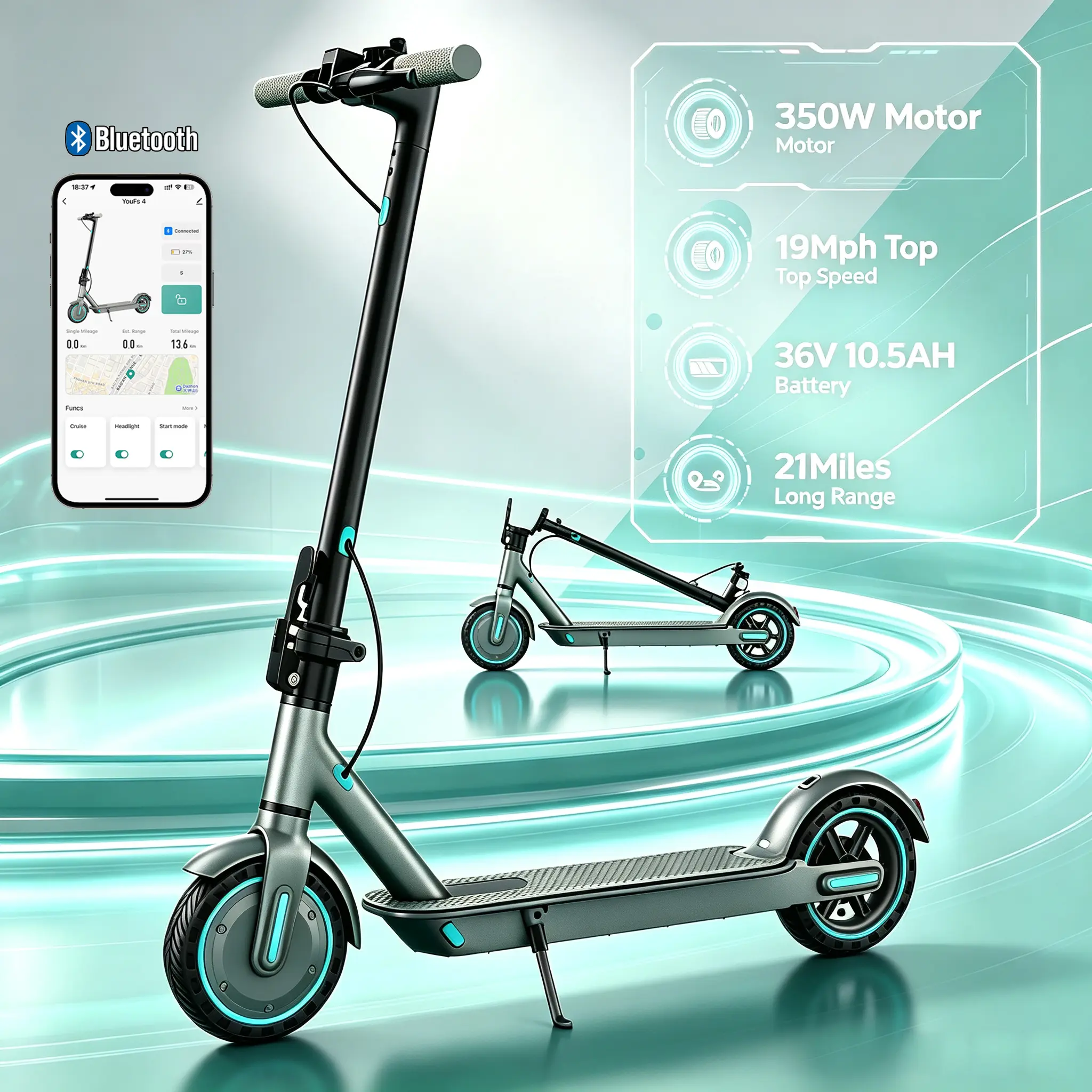 Foldable Electric Scooter for Single Rider, 350W Motor,19Mph Max Speed, 36V 10.5Ah Battery for 21 Mi Range, 27IbAluminum Frame, 3s Compact Folded Time, App Control,Bright Lights for Urban Commute Safety, MotorizedScooters, Portable Scooters