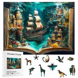 501 Pcs Charming Underwater Treasure Ship Wooden Jigsaw Puzzle, Golden Design, Vivid Marine Life, Educational Activity, Gift Box, Home Decor, Wooden Puzzles