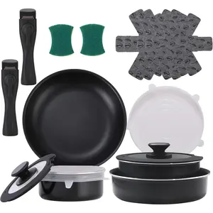 16 count Kitchen Removable Handle Cookware Sets, Stackable Pots and Pans Set Nonstick for Induction Gas RVs Camping Space Saving