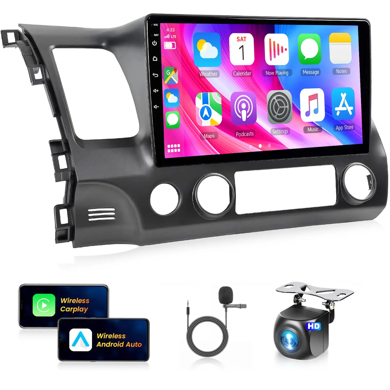 SummerVibes 10.1 Inch 1080P Touch Screen Car Radio Monitor for Honda Civic 2006-2011, Car Video Player with Wireless CarPlay, Android Auto, EQ, Bluetooth, RDS, FM, Built-in GPS Chip, WiFi, Backup Camera, Father's Day Gift, Car Monitor