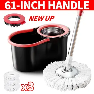 Spin Mop And Bucket Set with Wringer, 360°Rotating Mop Bucket System, Includes 3Microfiber Mop Refill Heads And A 61-InchAdjustable Stainless Steel Handle, Ideal forBathroom Use, Efficient Floor Cleaning, HomeCleaning