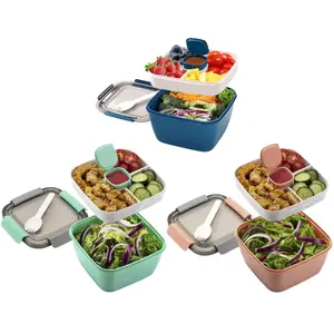 Salad Lunch Container with 3 Compartment Tray Bento Box Portable Reusable Tableware Leak Proof Design Food Grade Material Travel Friendly Set with Spoon & Dressing Sauce Container - Vegetable Green Blue TikTokShopBlackFriday