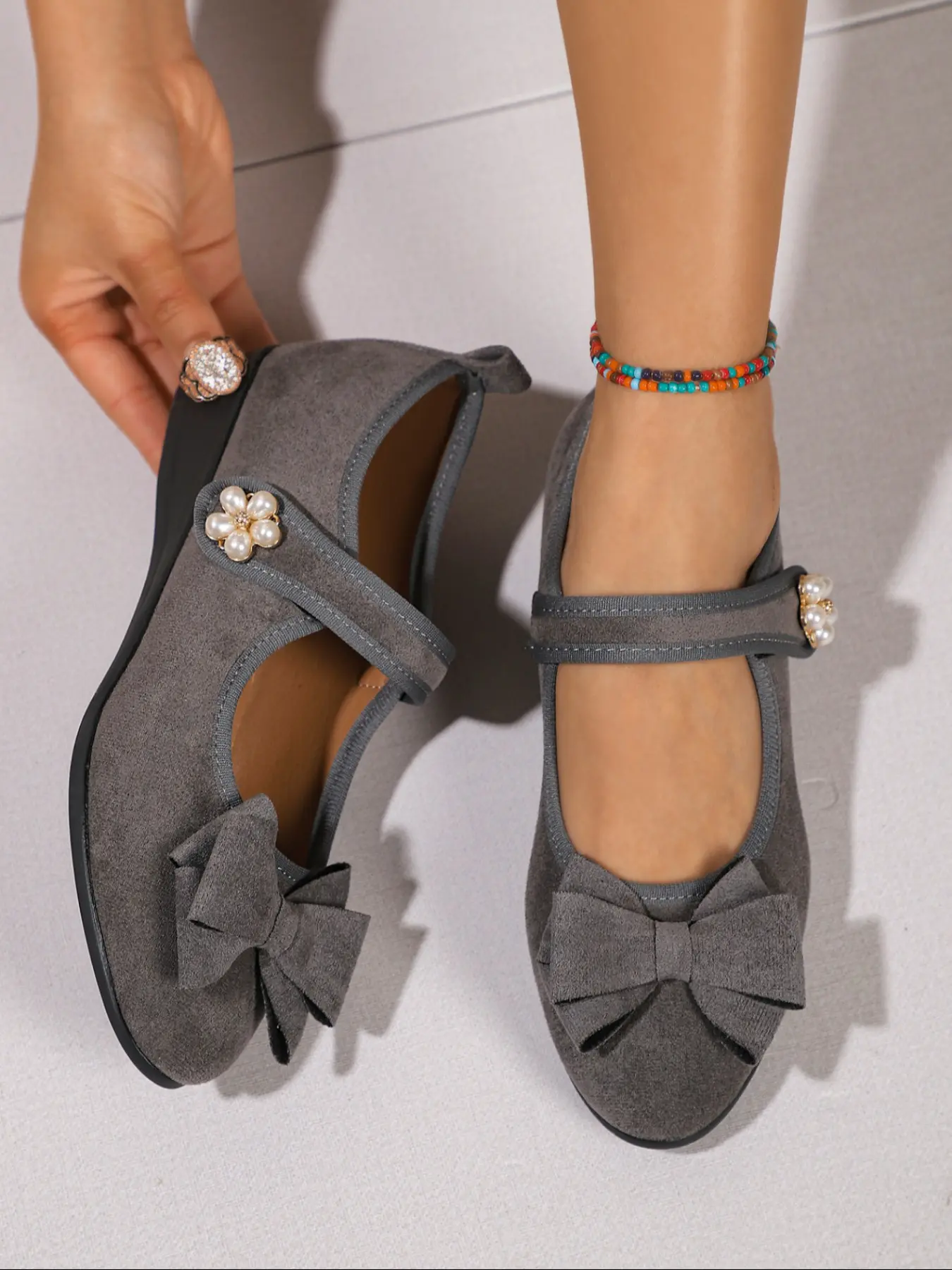 Vintage Bow Mary Jane Shoes | Navy Suede with Pearl Flower Detail | Comfort Wedge Heel for Daily, Cute, Classy & Elegant Outfits 🔥 Chic Shoes Fashion Shoes Mary Jane Footwear
