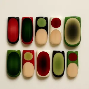 Abstract Press On Nails: Red Green Black Geometric Nail Art