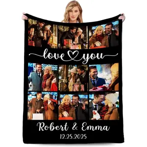 Custom Photo Blanket Personalized Picture Collage Flannel Throw Customizable Name Date Text for Couples Wedding Anniversary Gift for Boyfriend Girlfriend Wife Husband Soft Cozy Fleece Snuggly Nap Quilt Birthday Memorial Gift Fast Shipping
