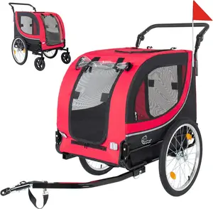 2-in-1 Bike Trailer & Pet Stroller for Dogs up to 100lbs – Foldable Pet Carrier Cart with Two 8" Front Casters & 20" Quick Release Air-Filled Wheels, Breathable Mesh & PVC Rain Cover, Red