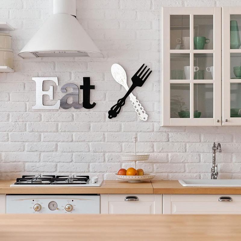 Eat Sign Set with Fork and Spoon Wall Decor Rustic Wood Country Art for Kitchen Home 35x17.5cm Durable Wooden Letters Stylish Colors Easy Hang Hooks Ornaments Hangable