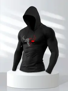 Men's Bull Patchwork Long Sleeve Casual Top, Casual Print Hoodie, Sporty Streetwear Hooded Design, Gym Sportswear, Athletic Activewear, Fitted for Daily Wear and Outdoor Activities