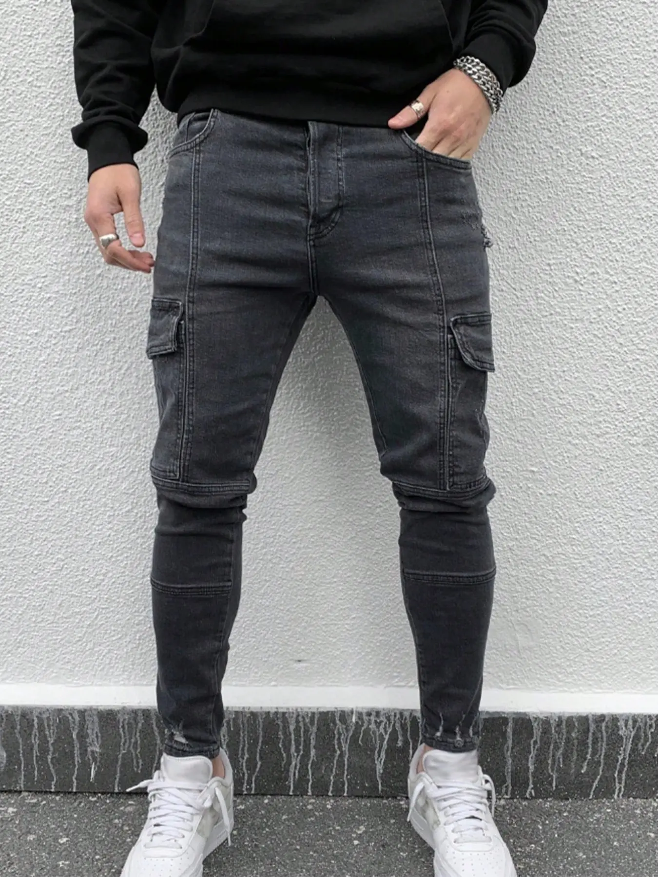 Men's Denim Jeans Youth Ripped Loose Fit Distressed Fashion Dark Wash Jeans Slim Fit Washed Multi-Pocket Workwear Pants Korean Trendy Style, Casual Loose-Fitting All Seasons Denim Trouser Denim Bottoms