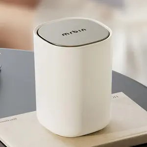 Desk Mini Car Trash Can, 0.4 Gallon Table Top Plastic Waste Basket with Stainless Steel Lid, Small Garbage Bin for Bedroom, Coffee Bar, Vehicle Cup Holder, Vanity Countertop, White