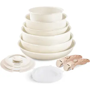 Nonstick Cookware Set -  Stackable Pots and Pans Set Detachable Handle Camping Cookware Granite Kitchen Cookware Sets Removable Handle, Non  Nonstick Frying Pans for Cooking Set  Beige