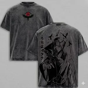 Akatsuki Red Cloud Tee Washed – Naruto Anime Vintage Washed Heavy Cotton Oversized Manga T-Shirt & Hoodie, Double Printed Retro Unisex Streetwear Graphic Top, Dark Ninja Organization Edition 5MN