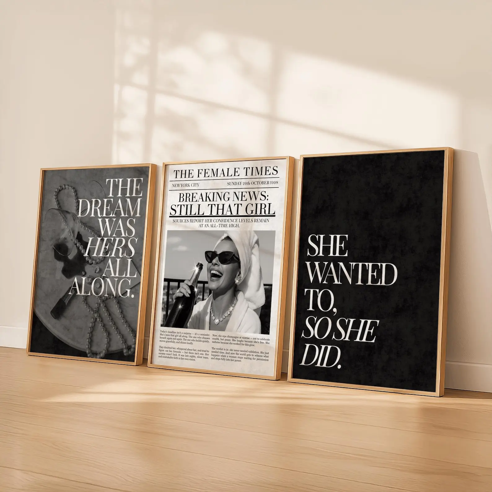 Becoming Her Wall Art Trio | Still That Girl Newspaper Print | Feminine Empowerment Decor | Luxury Black & White Poster Set