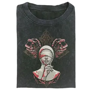 Gothic Horror Bloody Nun Graphic T-Shirt, Vintage Occult Satanic Sister Val Shirt, Retro Aesthetic Streetwear Tee, Crew Neck, Short Sleeve, Cotton, Men And Womenswear Top