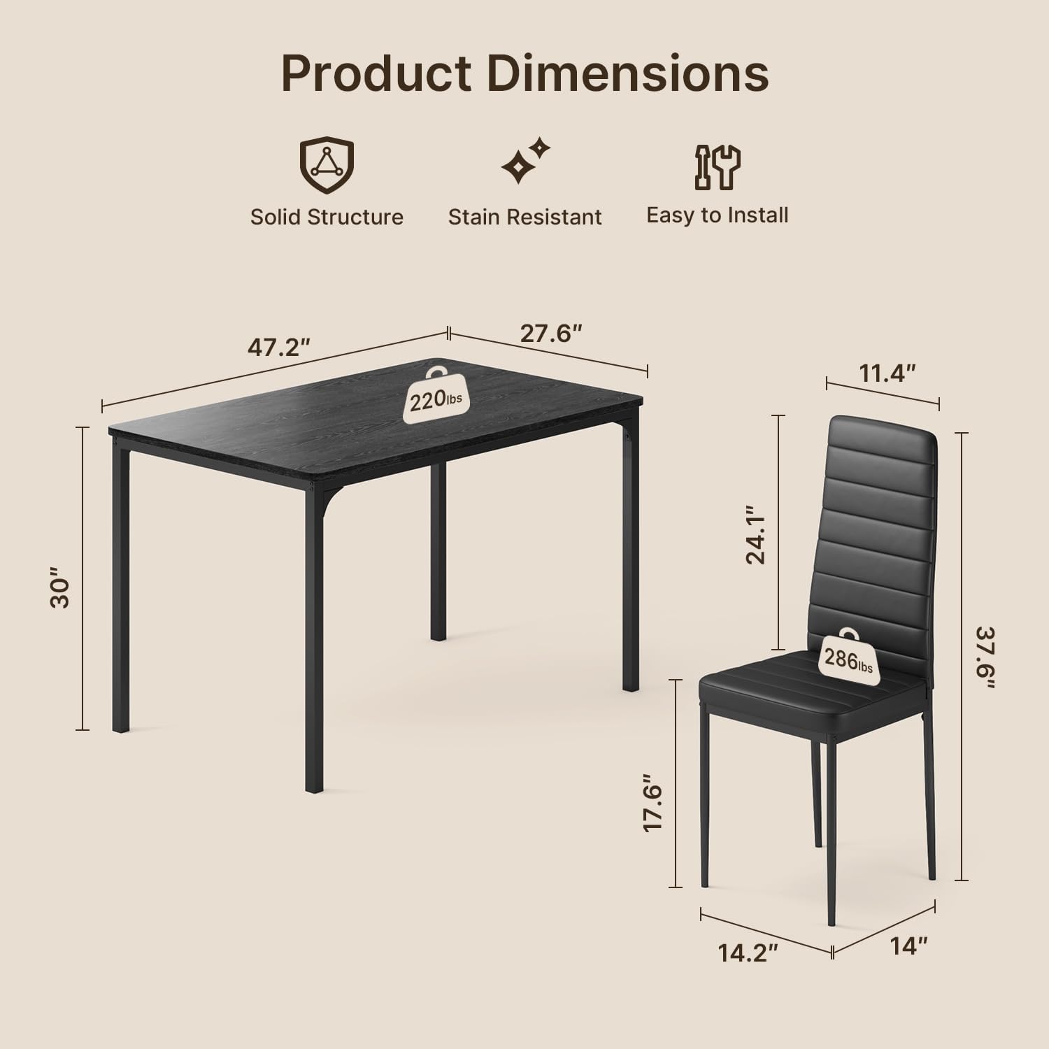 Gizoon Dining Table Set for 4, Kitchen Table Chairs Set of 4, 5 Piece Kitchen Table Set with 4 Upholstered PU Leather Chairs for Dining Room Living Room Apartment Small Space