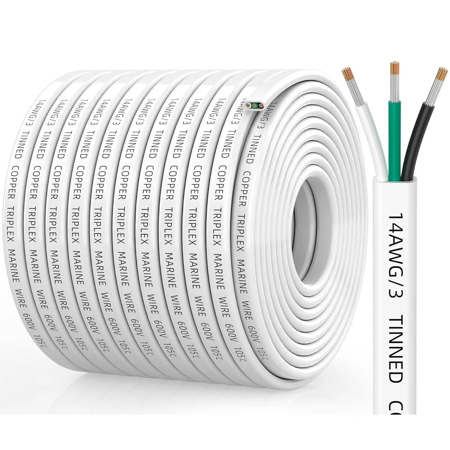 14 Gauge Marine Wire, 14/3 Triplex Marine Grade , IP68 /-Free Tinned Copper Stranded PVC 14 AWG Wire for Boat, Automotive, RV, Solar, LED Strips (100FT/30M)