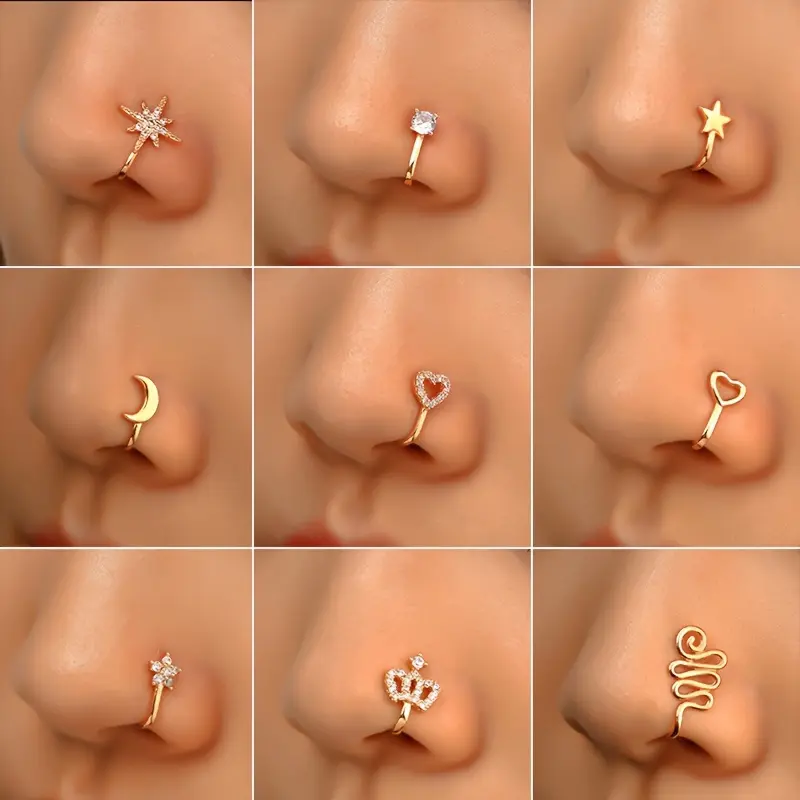 9 Pieces, Non-Perforated Nose Ring, Nasal Splint, Copper Inlaid Zircon U Shape, Star Shape, Love Heart, Crown, Nose Ring, Non-Perforated Nose Studs, No Piercing Required, Valentine's Day