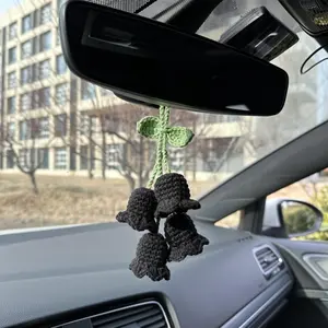Crochet Black Cute Lily Car Accessories Hanging Ornament   and Pendant for Car Rear View Mirror Interior Decoration
