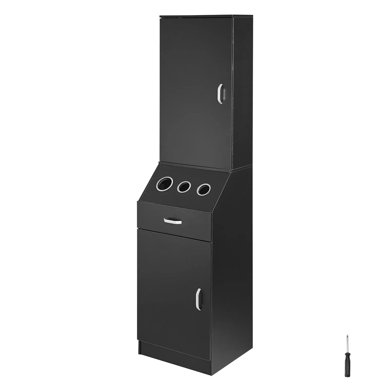 VEVOR Commercial Salon Station Unit for Hair Professionals - Black Salon Furniture with 3 Hair Dryer Holders, Heat-Safe Slots, Storage Spaces, 1 Drawer, Home Organization, Easy Access Design, Numbered Parts