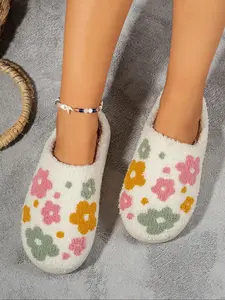 Women's Cute Flower Pattern Slippers, Casual Soft Comfortable Fluffy Home Slippers, House Slippers, Warm Slippers for Indoor & Outdoor Use for Fall & Winter, Footwear